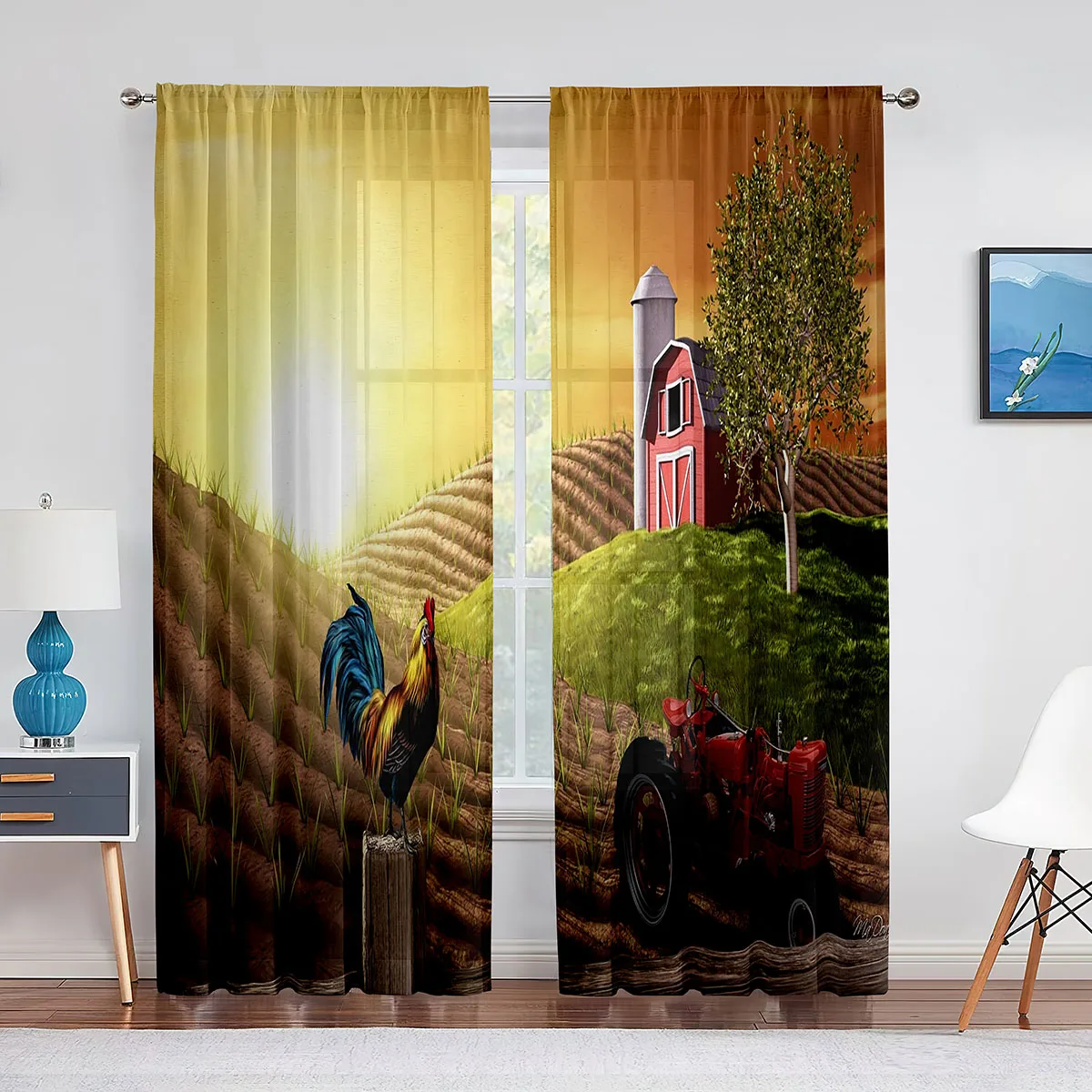 

Country Farm Barn Rooster and Rising Sun Sheer Voile Curtain for Living Room Bedroom Kitchen Modern Tulle Window Treatment Decor