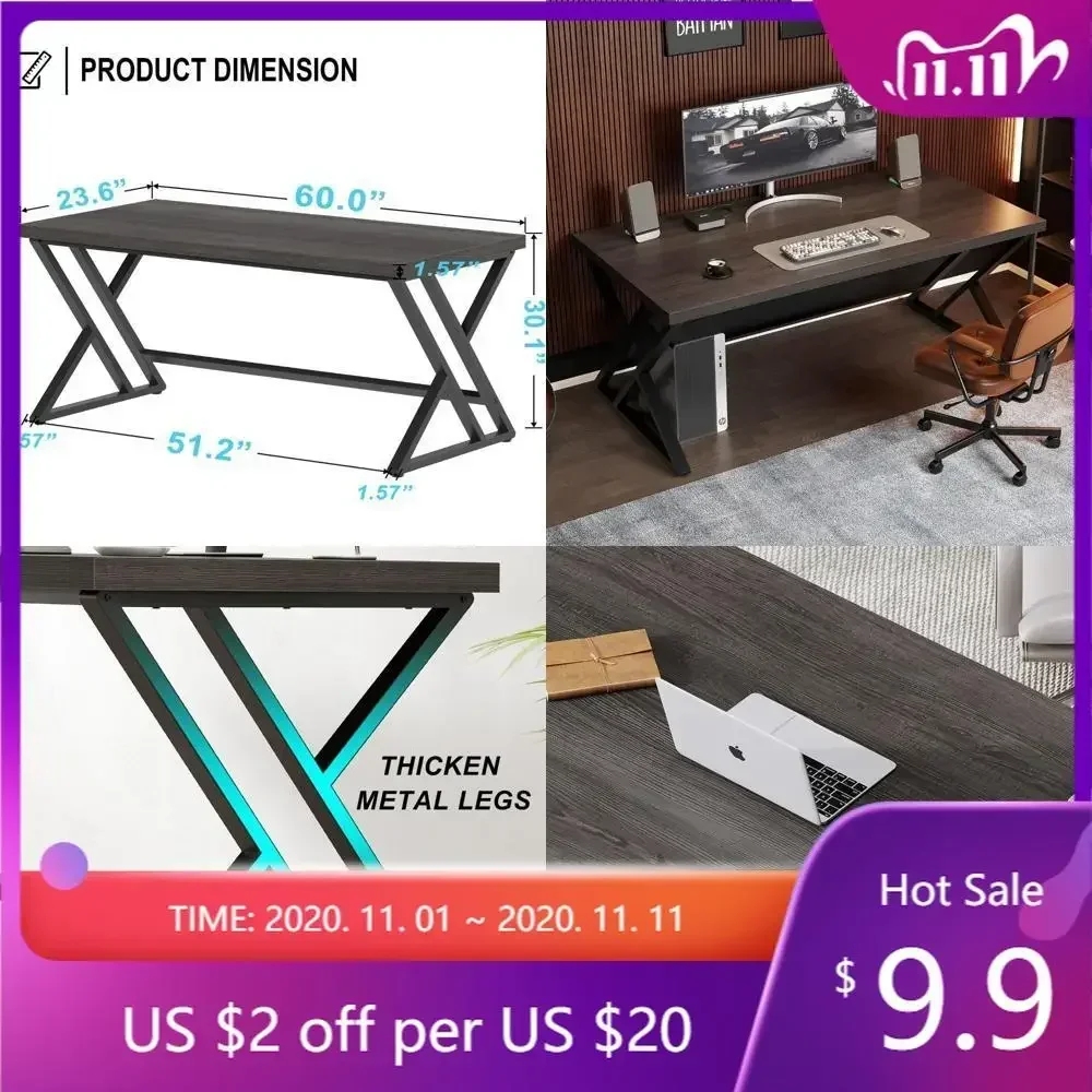 contemporary metal and wood home office desk, industrial style writing table for study and computer use in bedroom, farmhouse in