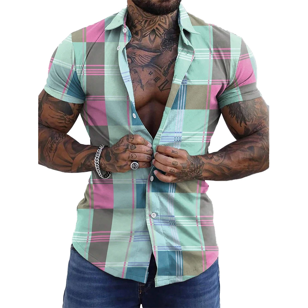 Shirts Blouse Beach Party Breathable Button Down Casual Collared Plaid Quick-drying Short Sleeve Skin-friendly