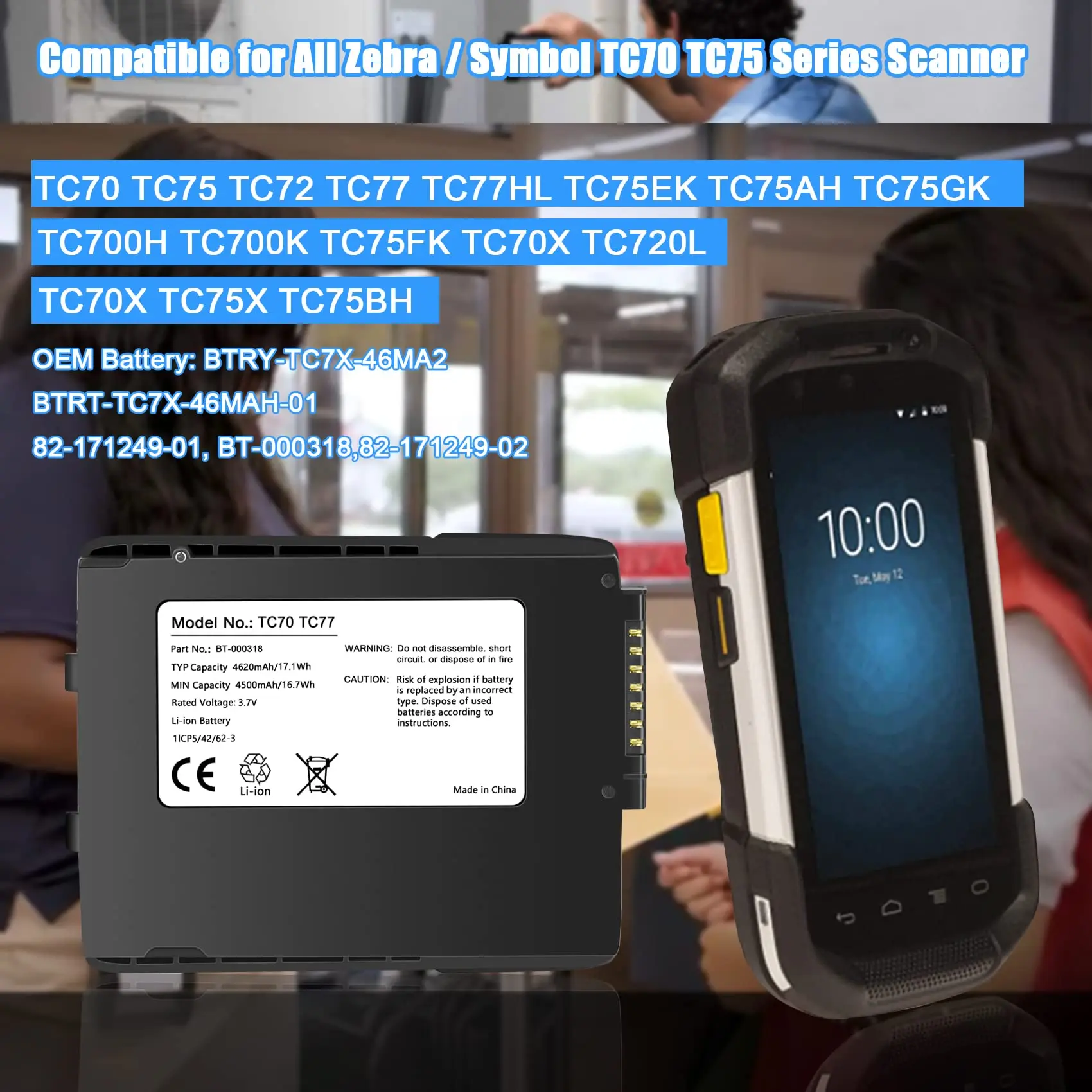 4620mAh TC70 Battery Replace for Zebra Symbol TC77 BT-000318 TC75 TC70X BTRY-TC7X-46MA2 82-171249-01 82-171249-02 TC72 TC75GK 3