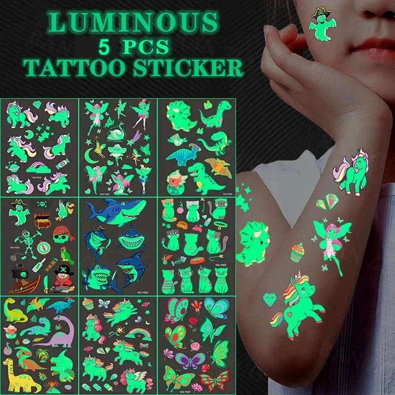 Tattoo Sticker Luminous Temporary Colorful Animal Mermaid Dinosaur Unicorn Space Cute 5pcs/Set