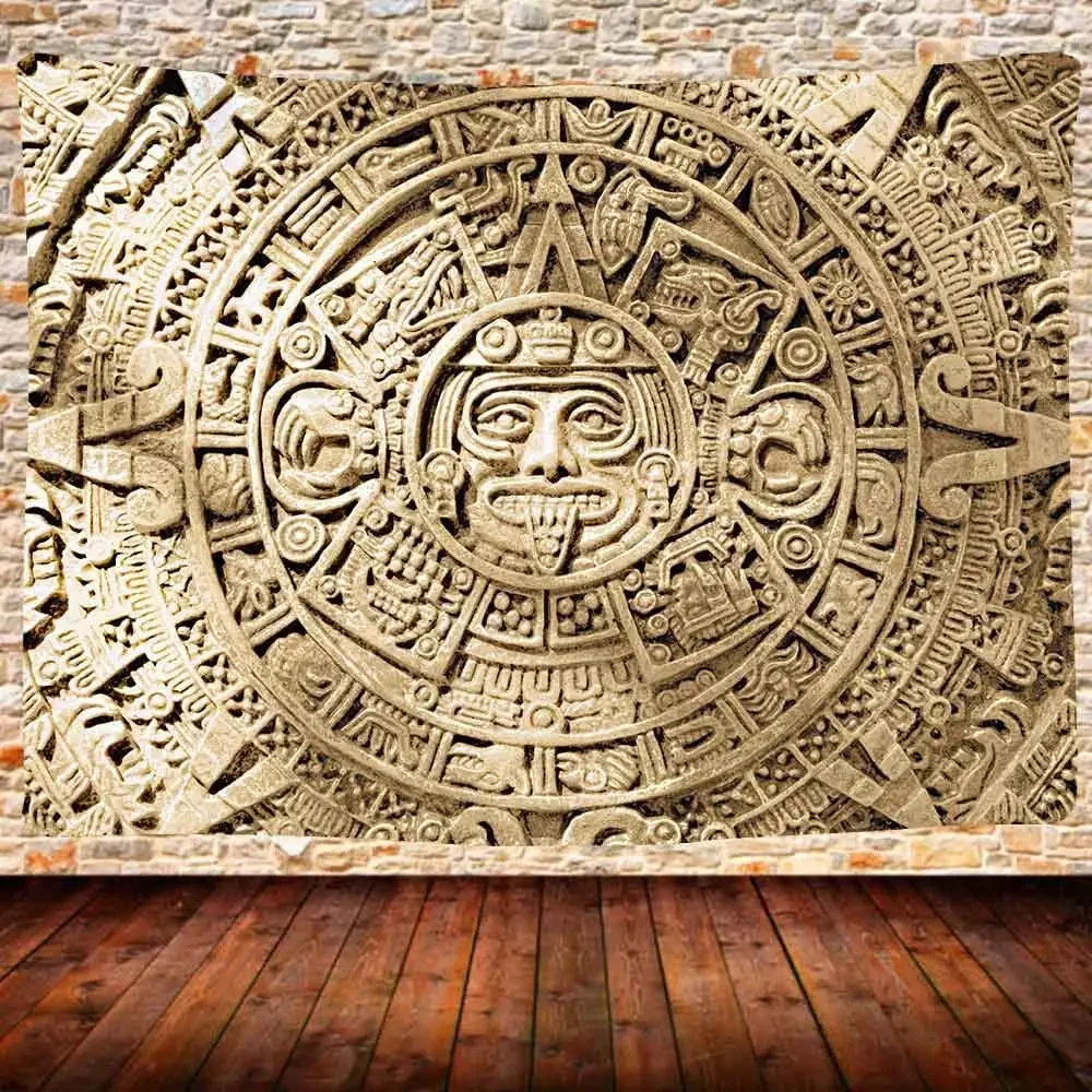 Aztec Calendar Tapestry Black and White Vintage Mayan Sign Ancient Words Wall Hanging for Bedroom Living Room Dorm Home Decor tapestry decor