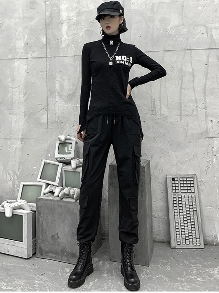 [EAM] Black Pockets High Elastic Waist Long Harem Trousers New Loose Fit Pants Women Fashion Tide Spring Autumn 2024 1DD2683