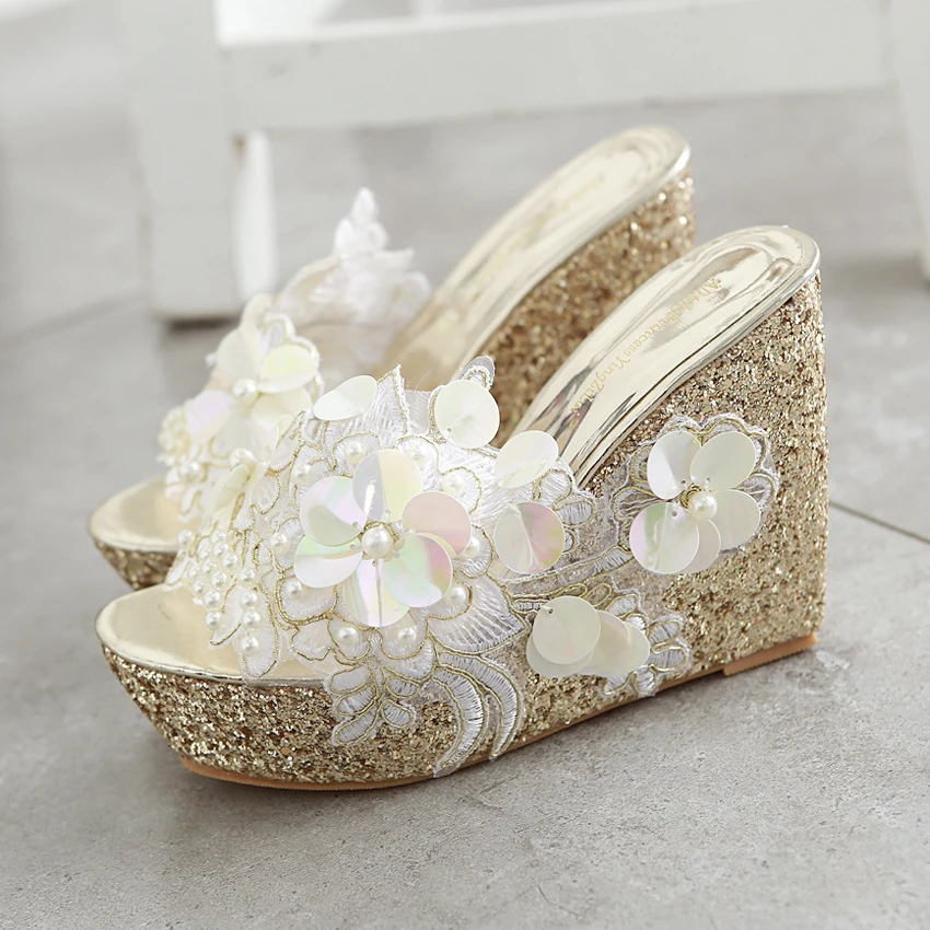 sandalias cuñas mujer chanclas boda para invitadas sandalias de cuña Sandalias de cuña con plataforma y decoración de flores para mujer, zapatos de tacón alto plateados, dorados, talla 34 40|Sandalias de