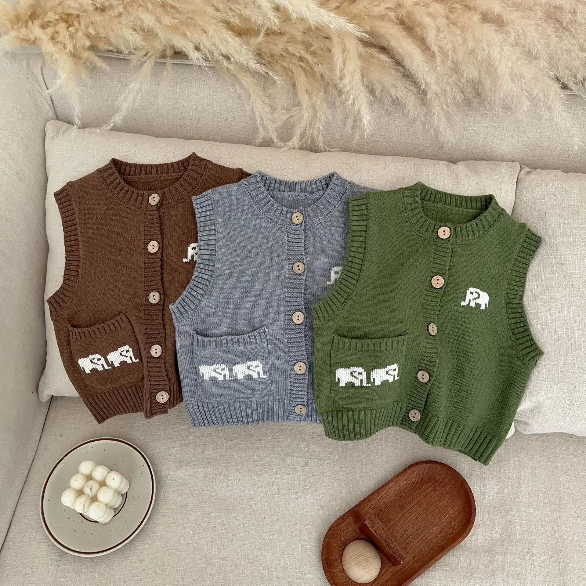 Baby Clothes Korean Style Cartoon All Match Sweater Vest Spring Boys and Girls Baby Cute Comfortable Knitted Vest