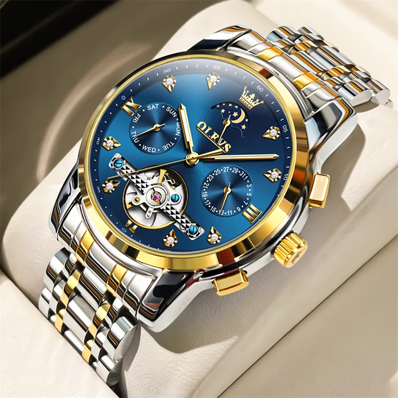 

OLEVS Top Brand Skeleton Tourbillon Mechanical Male Wristwatch Gold Steel Lumionous Moon Phase Automatic Men Watch Relogio