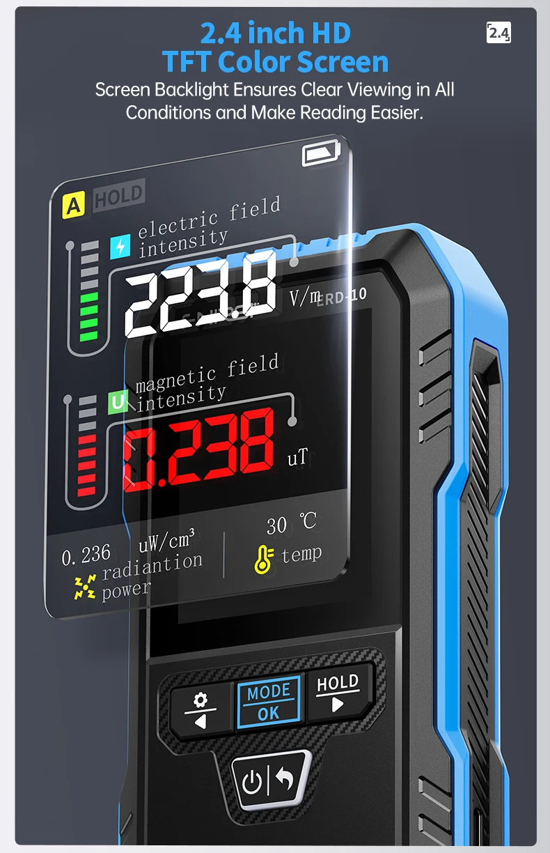 ERD-10 4-in-1 EMF Radiation Detector Electric Magnetic RF Power Temp Meter Radio