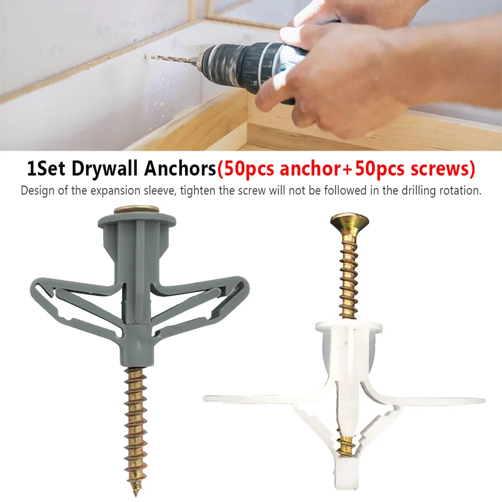 GorFanty 100pcs Plastic Drywall Ribbed Wall Anchors Assortment Self Drilling Wall Plug Bolts Kit for Screws and Hanging Objects 6x40mm Expansion Tubes 