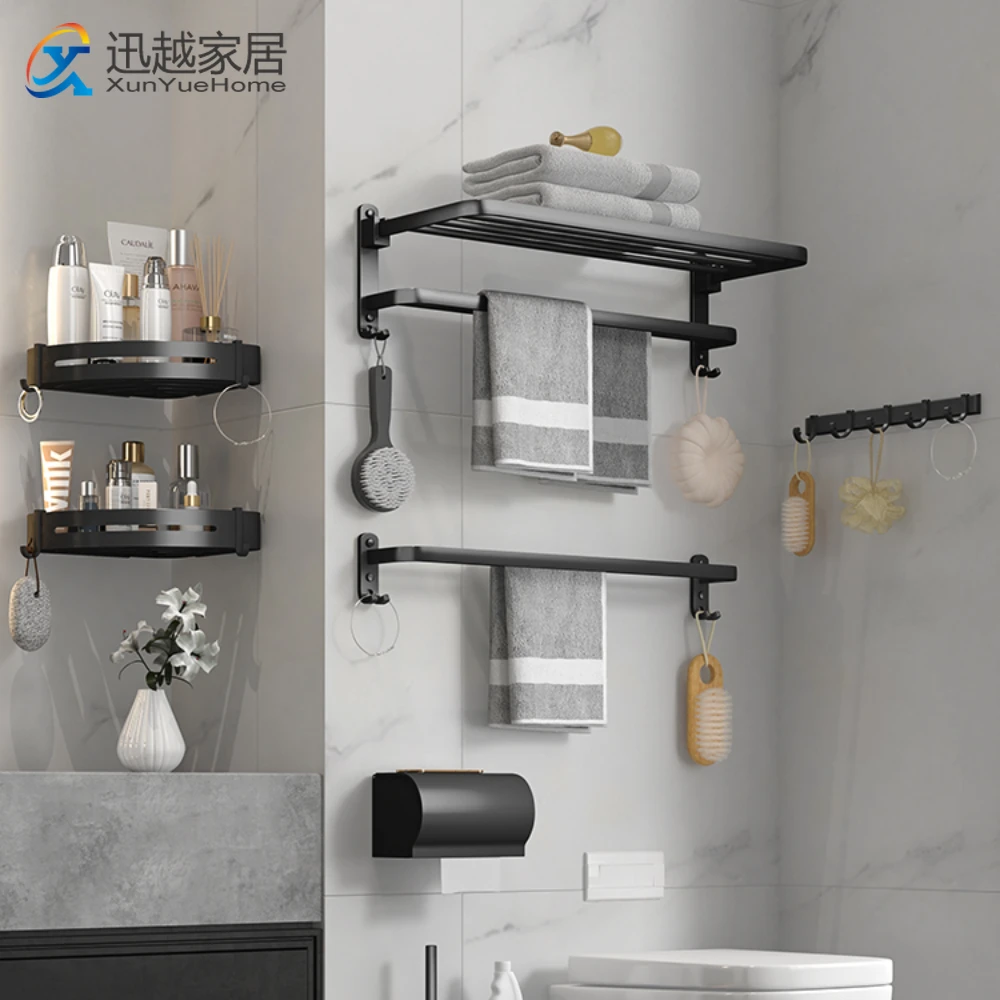 

40/50/60CM Towel Rack Fixed Holder Hook Fold Movable Bath Bar Shower Hanger Wall Rail Aluminum Black Shelf Bathroom Accessories