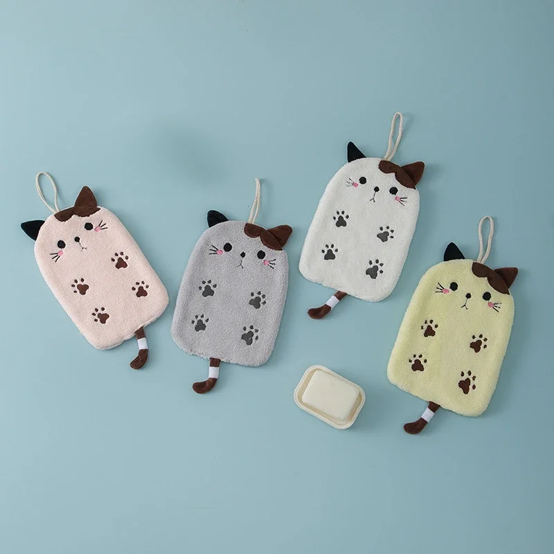 

Coral Velvet Flat Cat Embroidered Hand Towel Bathroom Hanging Absorbent Towel Kitchen Bathroom Dual Purpose Square Towel