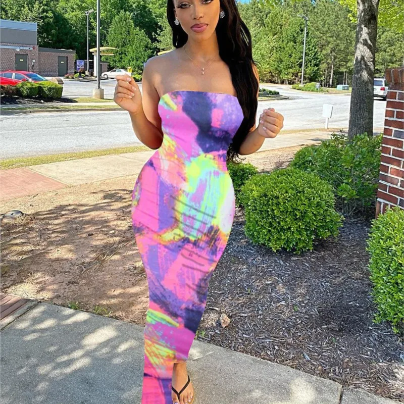 

Fashion Long Sleeve Dress Women Tie Dye Print Maxi Dress Stripe Sexy V-Neck Bodycon Dresses For Woman Clothes Vestido De Festa