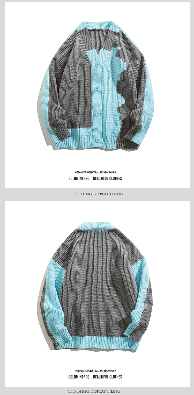 Description Picture 3 of itemMen's Color Blocking Cardigan Sweater Women Loose Casual V-neck Long Sleeves Single Breasted Knitted Jacket Tops Sweaters