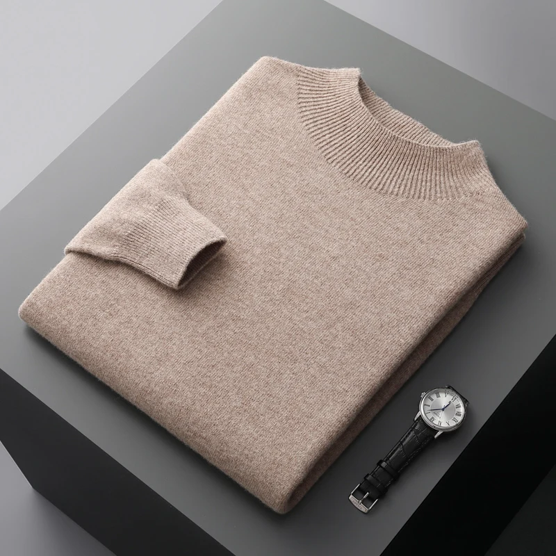 Autumn and winter new semi-high collar men's cashmere sweater solid color loose 100% pure wool Joker sweater