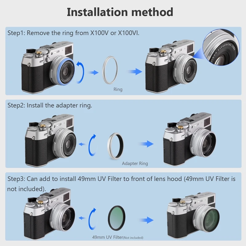 Haoge LH-X200S Paraluce Quadrato In Metallo Per Fujifilm X100VI, X100V, X100F – Con Anello Adattatore 49mm E Tappo