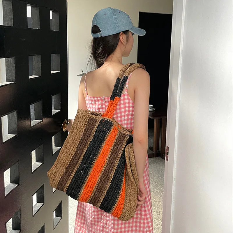 Straw Woven Handbags For Women Handmade Travel Seaside Beach Bag Summer New Handle Bucket Bag Shopping Tote Bag Basket Bolsa