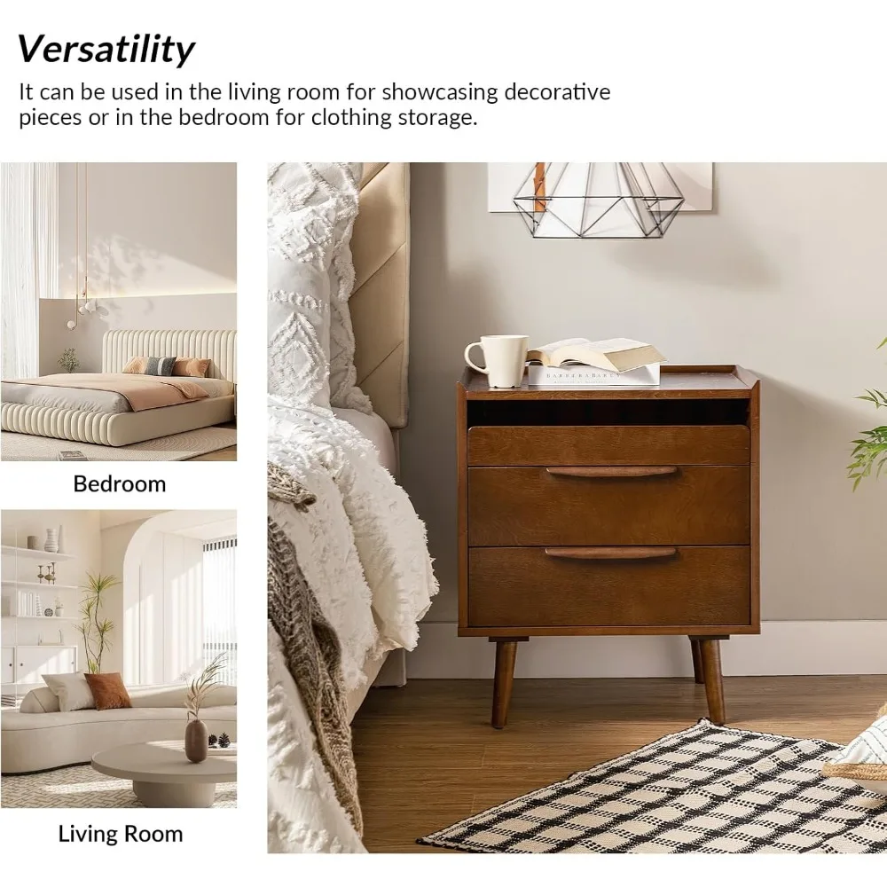 2 Drawer Nightstand with Charging Station, Mid-Century Modern Bedside Tables with Wood Legs, Wood Night Stand 6