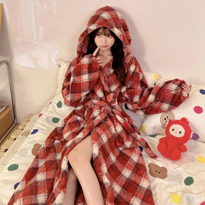 Winter Long Sleeve Hooded Thick Warm Flannel Kimono Robes for Women Casual Plaid Bathrobes Sleepwear Nightdress Night Dress