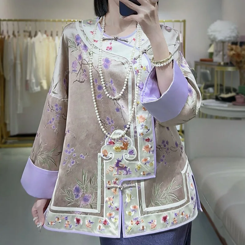 Autumn Women Acetate Top Retro Embroidery Plum Blossom Lady Loose Coat Palace of the Qing Rulers S-XXL