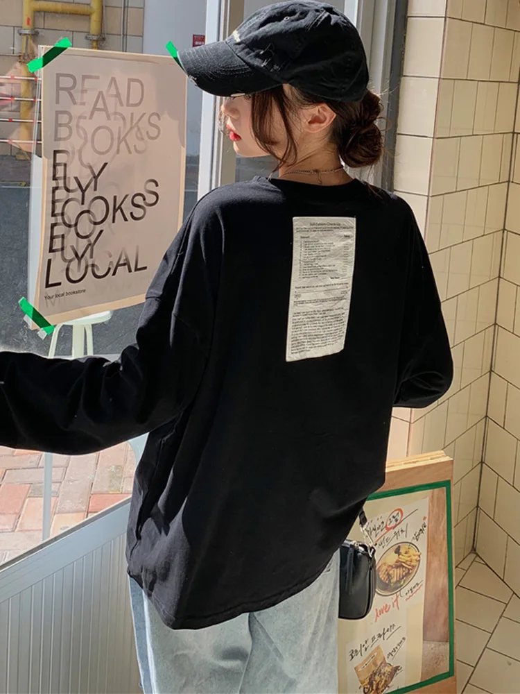 

Универсальная футболка большого размера с буквенным принтом, женские хлопковые базовые футболки в стиле Харадзюку с длинным рукавом, белые и черные топы, повседневная женская одежда