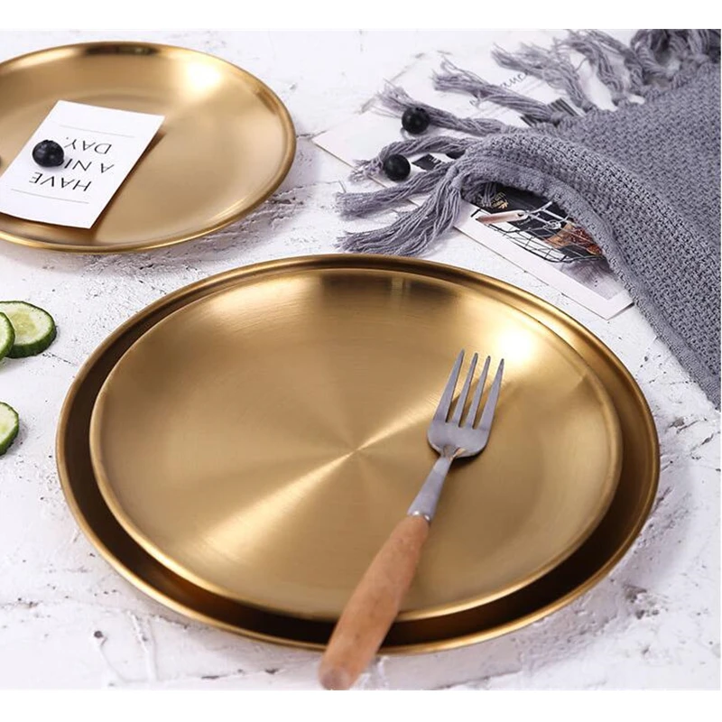 Dining Dish Dinner Plates European Style Gold Dessert Plate Kitchen Serving Dishes Salad Round Plate Cake Tray Western Steak Round Tray