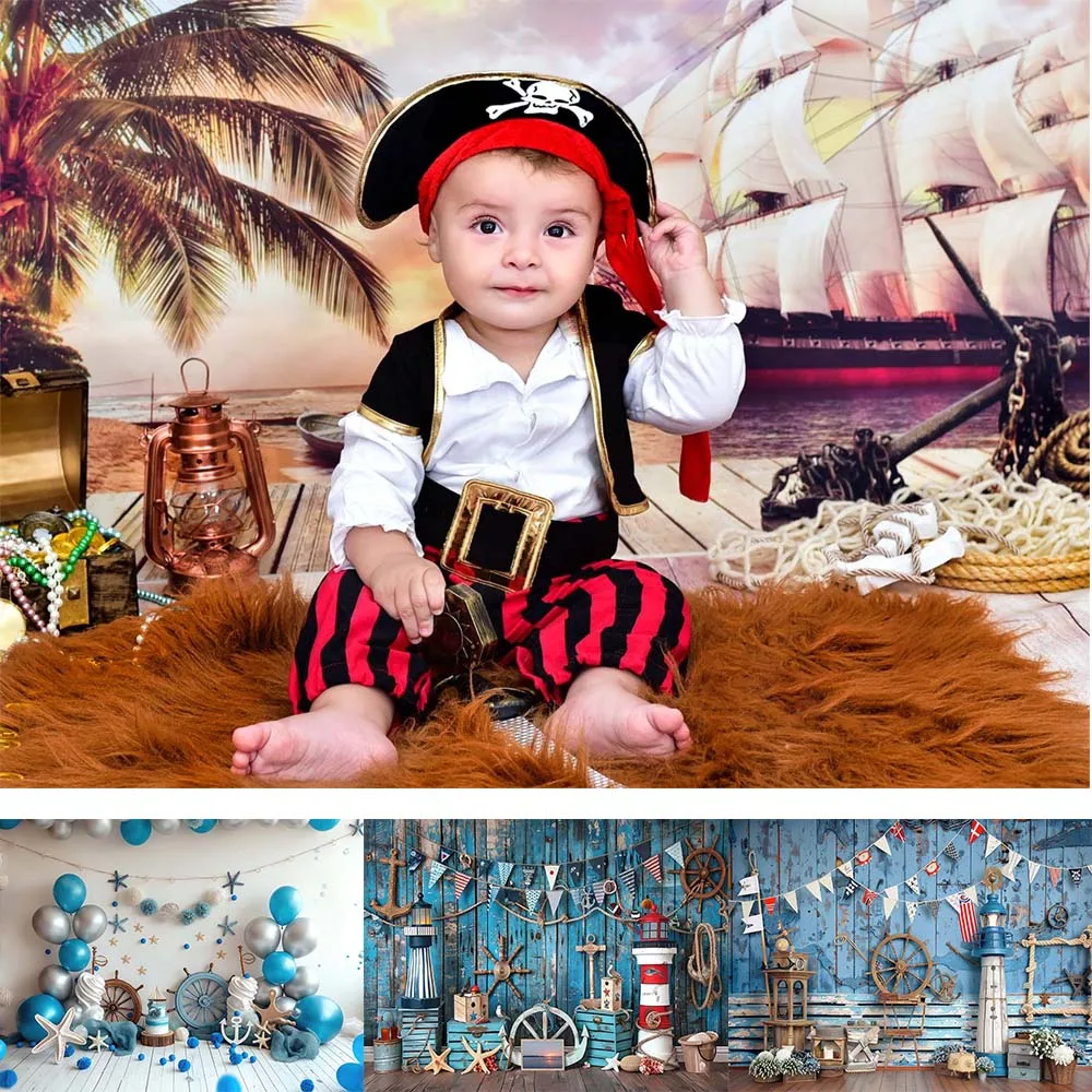 Pirate Map Theme Backdrop Boys Birthday Party Backdrops Buccaneers Nautical Seaside Background for Newborn Studio Props Banner