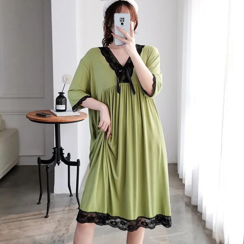 

Summer Nightgown Women Short Sleeve Big Yards Solid Sleepshirt Nightdress Casual Sexy Lace Thin Nightwear Sweet Nighty Plus Size