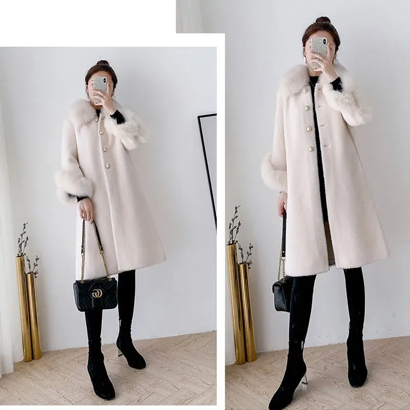 

Nice Winter Pop Women Jacket Fur Collar Warm Ladies Pocket Wool Blend Single-Breasted Coat Autumn Long Female Portable Outwear