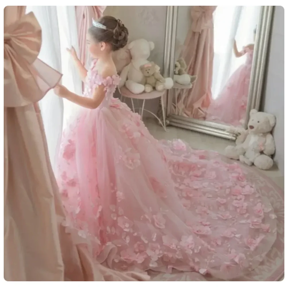 

Pink luxury Flower Girl Dresses Tulle Flowers Fluffy trailing For Wedding Birthday Banquet Princess Communion Gowns