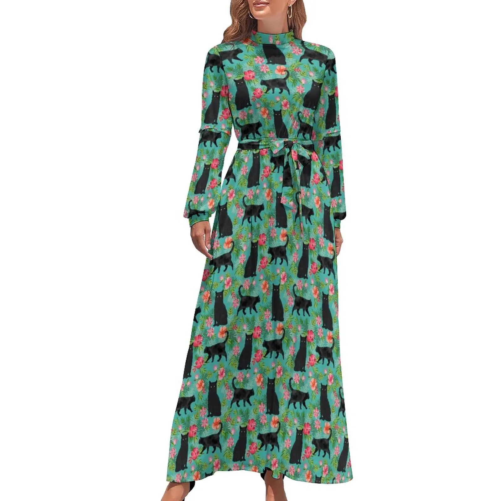 

Black Cats Print Dress Hawaiian Floral Cute Graphic Maxi Dress High Waist Long Sleeve Street Wear Beach Long Dresses