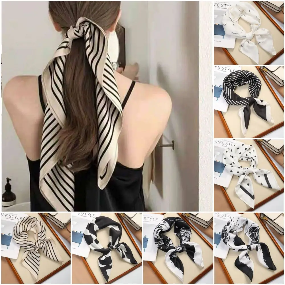 Fashion Square Silk Scarf 70*70cm Black White Hair Scarf Stripes Dots Flower Handbag Wraps Bandana Spring Summer Fall