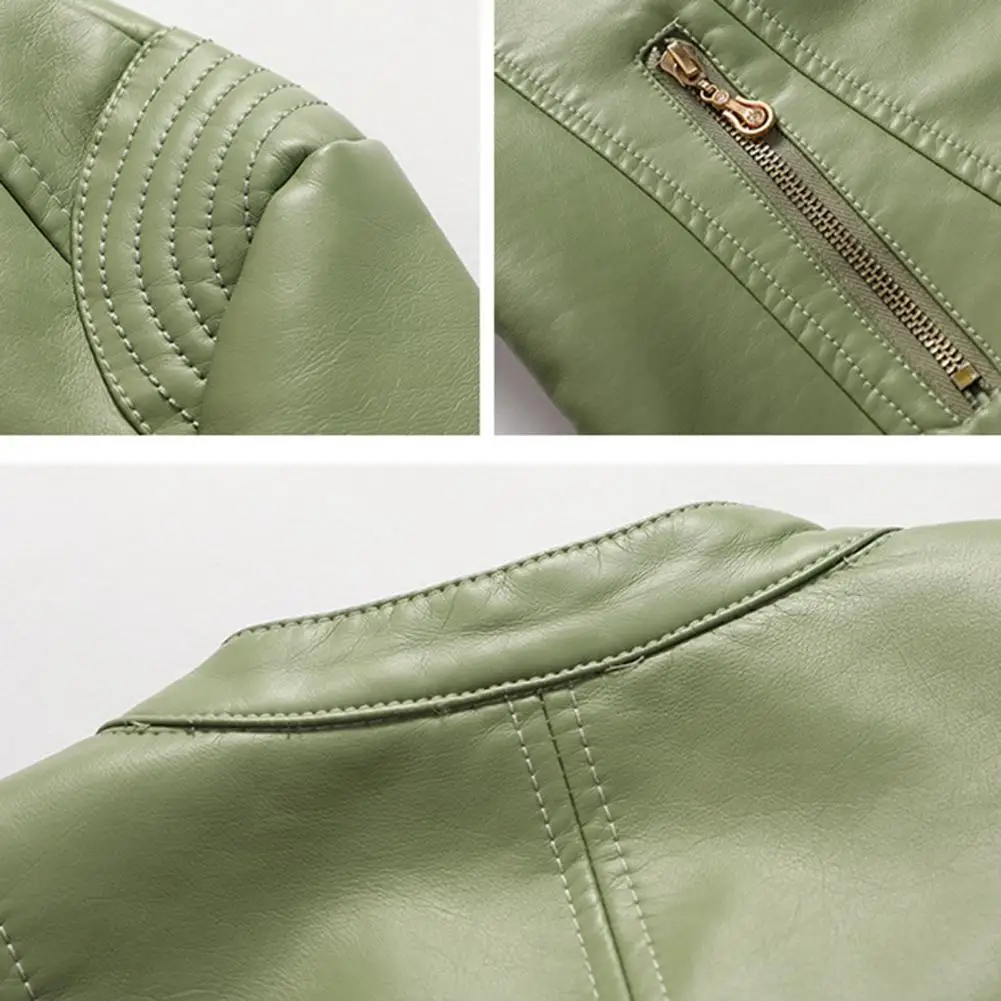 Lady Faux Leather Jacket Solis Color Buttons Decor Long Sleeve Biker Coat Windproof Slim Lady Coat For Motorcycle Riding