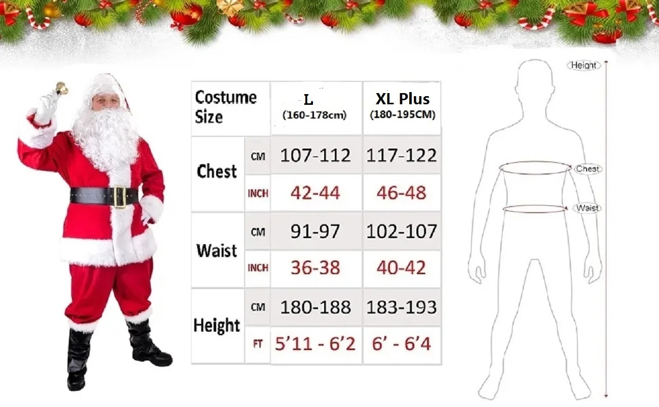 Kerstman Kostuum Kerst Complete Dress-Up Outfit Voor Volwassen Kerstman Pak Met Hoed Mannen Cosplay Kostuums 7 Stuks