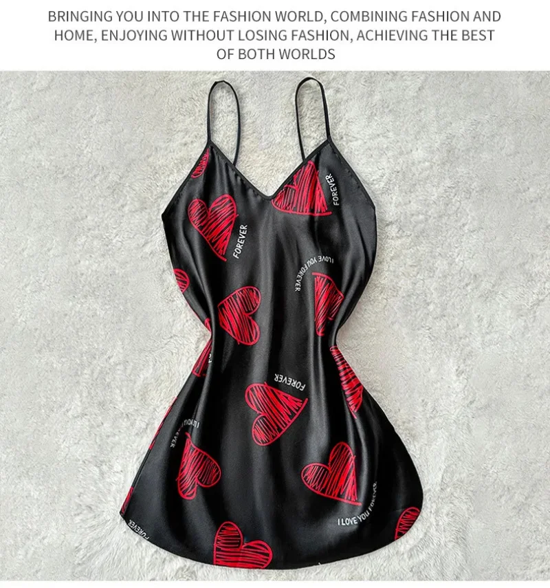 Valentine's Day Red Lip Print Satin Slip Nightdress V Neck Backless Mini Sleep Dress Women's Sleepwear Dresses