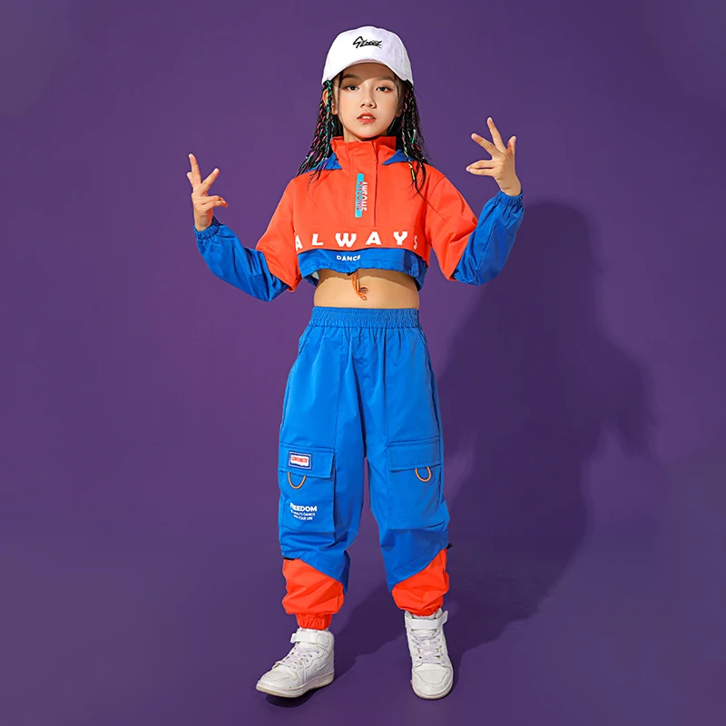 Hip Hop Dance Costume Boys Girls Long Sleeve Hiphop Clothing Hooded Tops Blue Pants Ballroom Jazz Dance Clothes Show Wear BL5187
