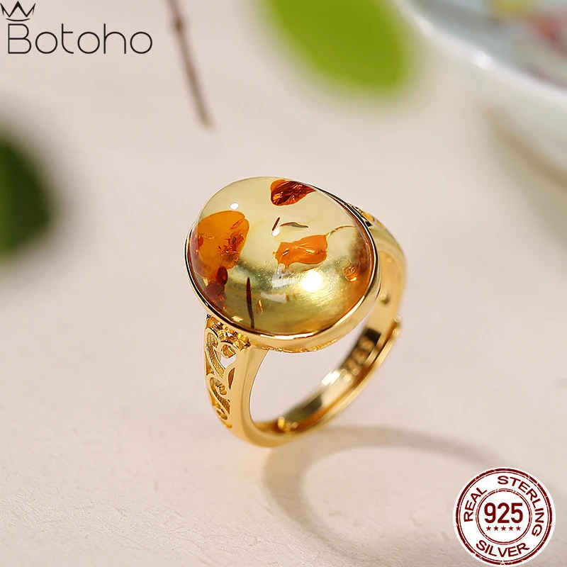 

925 Sterling Silver Gold Plated Natural Amber Flower Rings For Women Classical Simple Egg Face Open Adjustable Ring