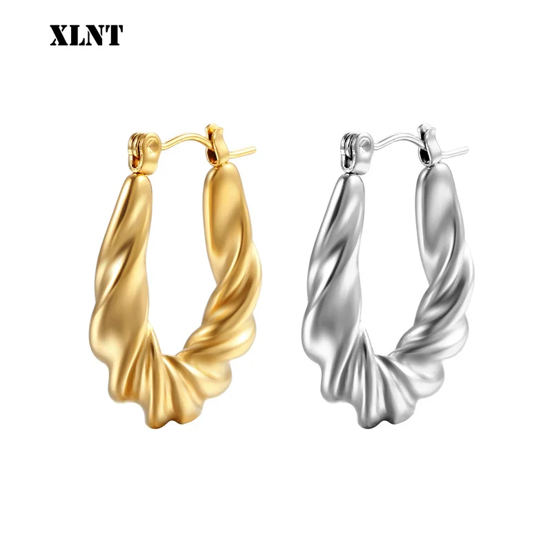 

XLNT 2021 New Titanium Twisted Texture Gold Hoop Earrings Waterproof Women's Stainless Steel Earring Jewelry For Daily