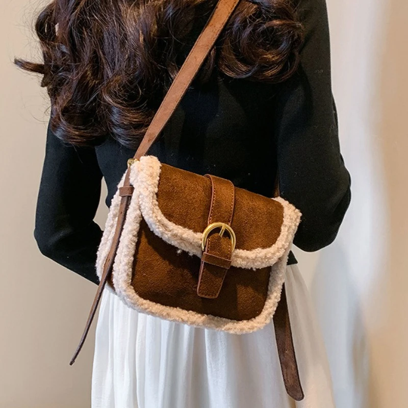 Autumn Winter Plush Bag Women's Korean Retro Small Square Handbags New Suede Lamb Wool Patchwork Shoulder Crossbody Bags
