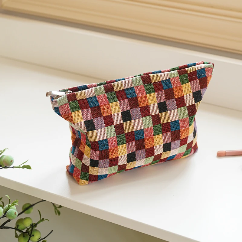 Colorful Checkered Women's Makeup Bag Large Capacity Makeup Lipstick Storage Bag Portable Travel Toiletry Bag Commuter Clutch 2