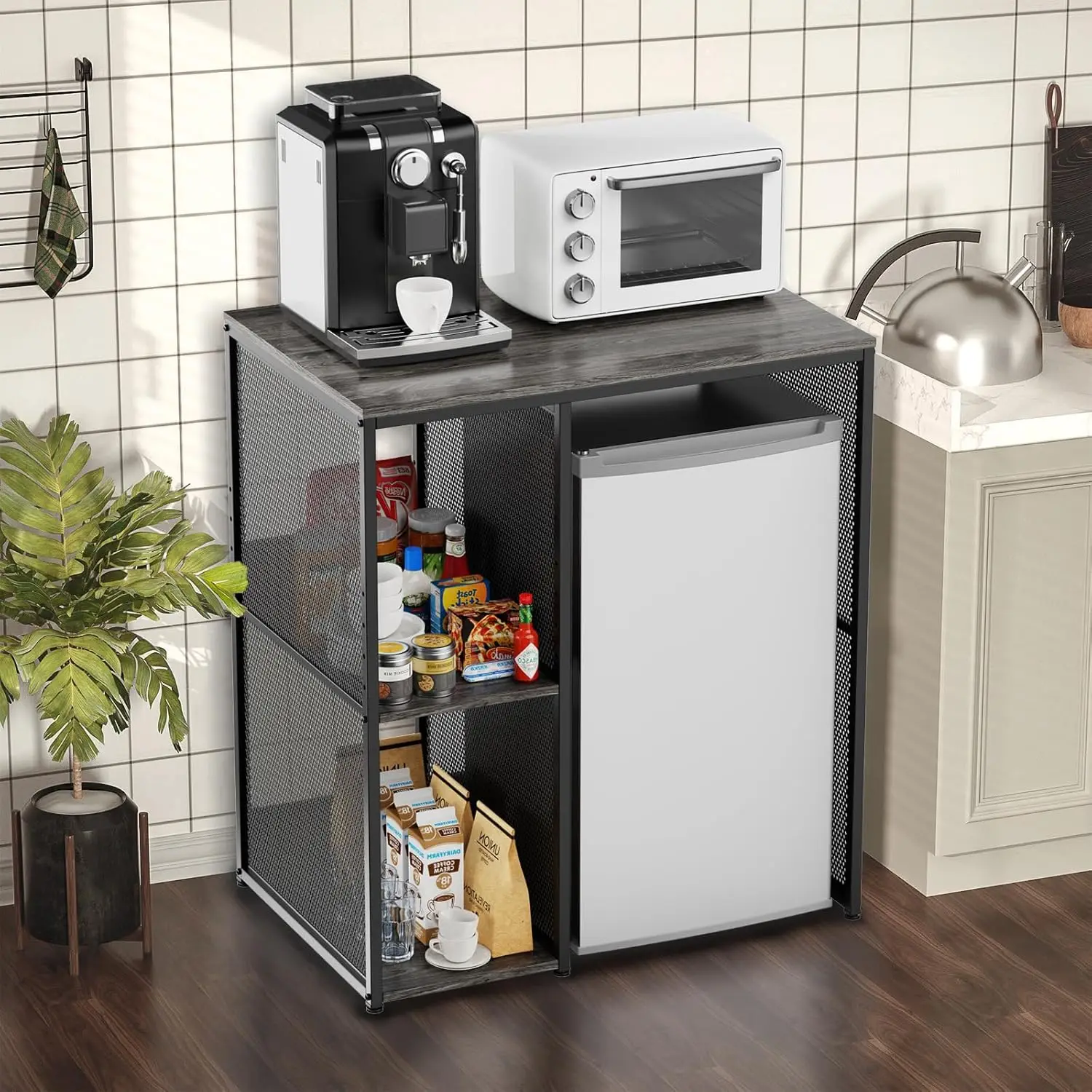 3-Tier Coffee Bar Cabinet with Mini Fridge Space, Heavy-Duty Rustic Grey Microwave Stand Baker Rack, Utility Storage