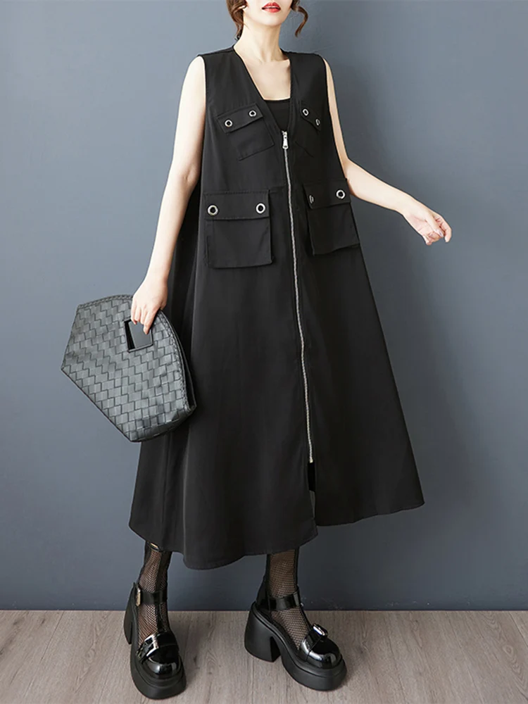Zipper Pocket V-Neck Sleeveless Oversized Black Vintage Dresses For Women Summer New In Loose Casual Dress Elegant Clothing 2025