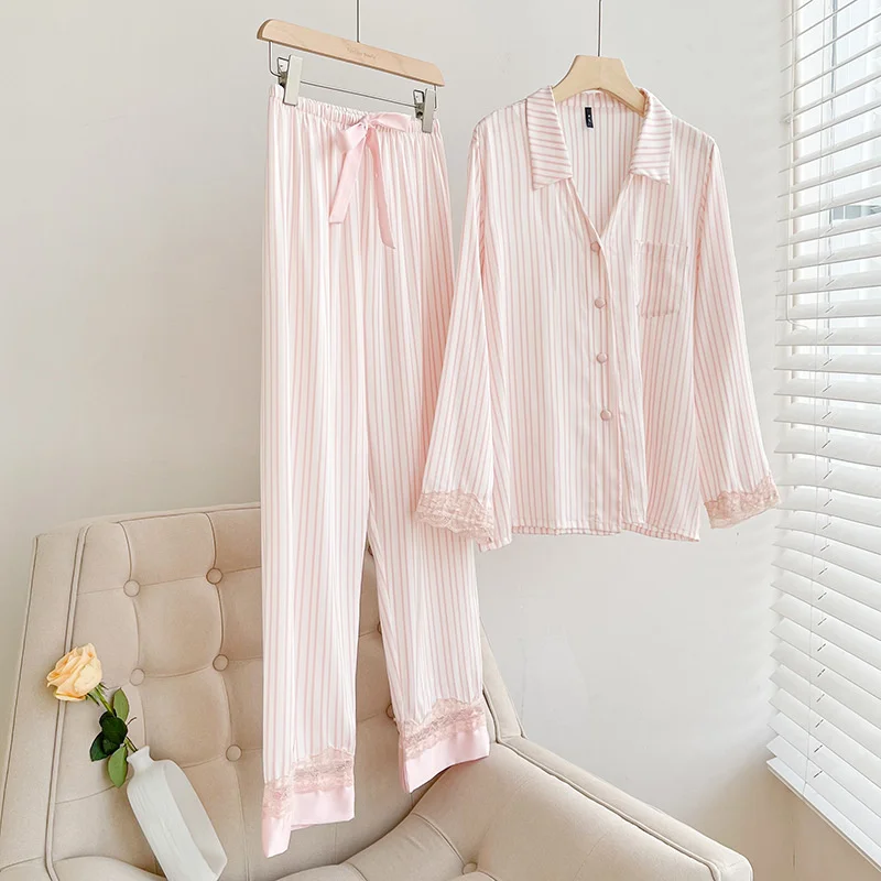 Lisacmvpnel Stripe Print Lace Sweet Women Pajama Set Long Sleeve Satin Chiffon Pyjamas