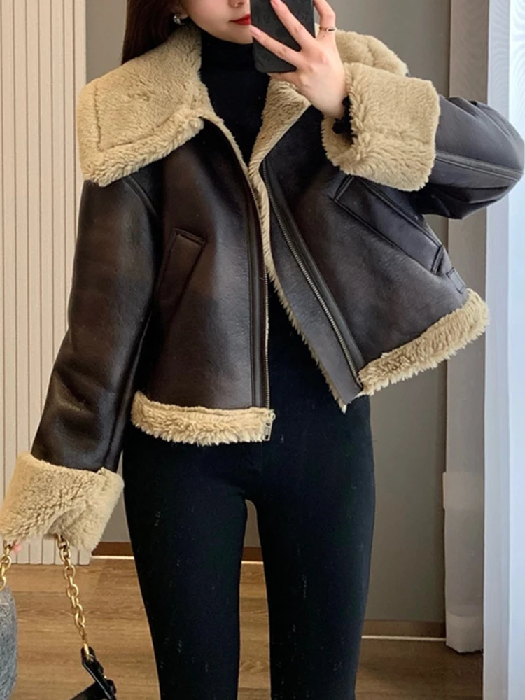 

Fitaylor New Winter Loose Faux Lamb Leather Jacket Women High Street Lapel Zipper Short Pu Coat Lady Warm Moto Biker Outwear