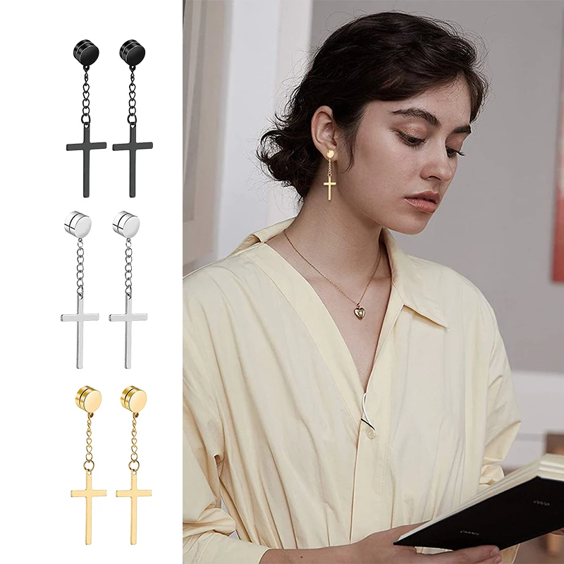 1/12 Pairs Magnetic Stud Earrings Stainless Steel Non Piercing Cross Dangle  Hoop Earrings Unisex Clip on CZ Magnet Earring Set - AliExpress