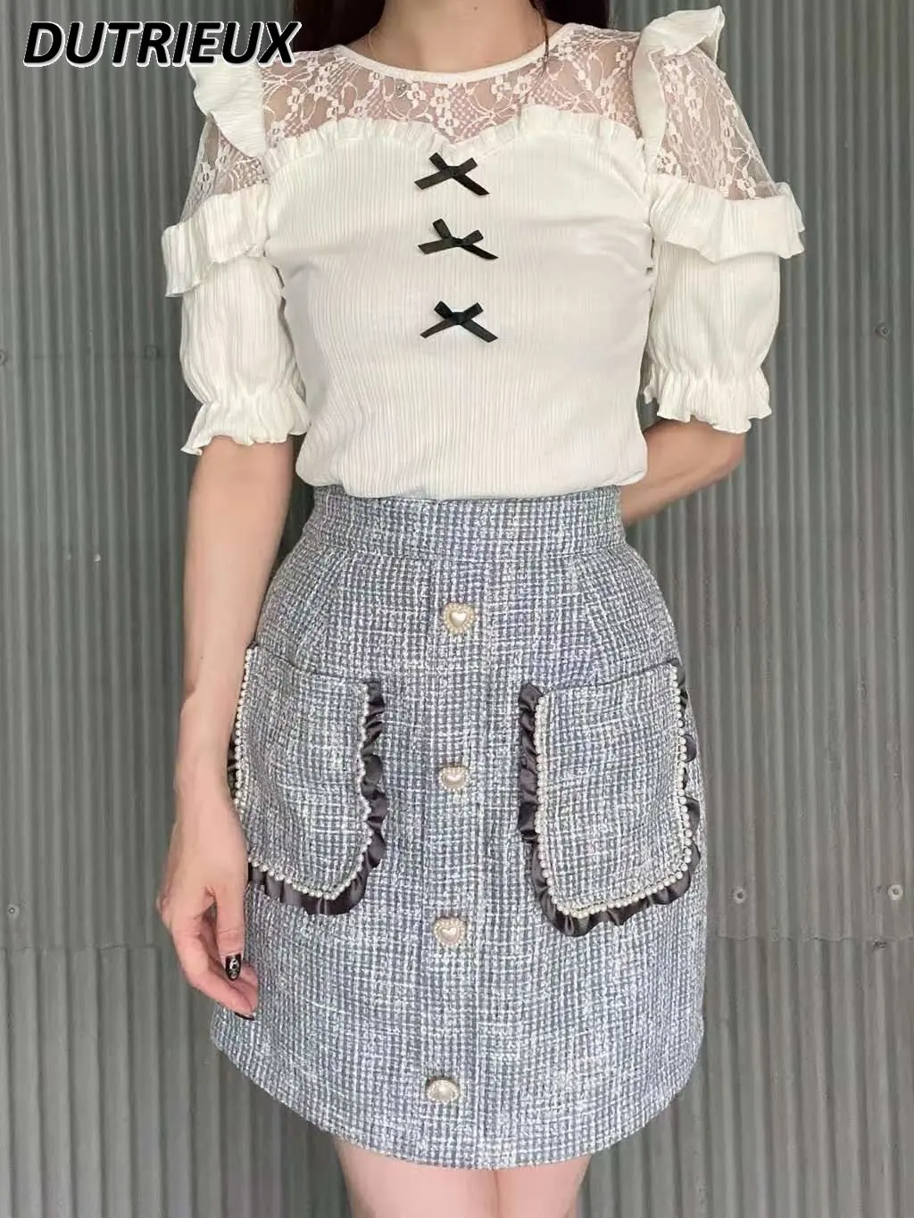 

Japanese Style Lolita Sweet Lady Ruffled Short Sleeve T Shirt Bow Mesh Patchwork Round Neck Blouse All-Matching Women Top Summer