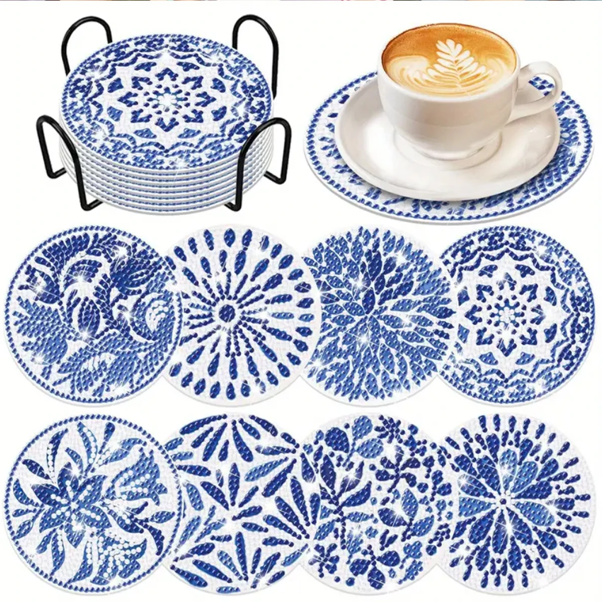 Elegant Porcelain Pattern Diamond Art Coaster Set with Complimentary Holder (8-piece)