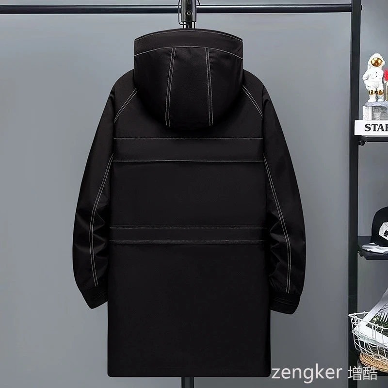 남성용 플러스 사이즈 윈드브레이커, 플러스 사이즈, 루즈한 중간 길이 윈드브레이커, 트렌드 후드, 롱 재킷, 남성 오버코트, 봄 및 가을