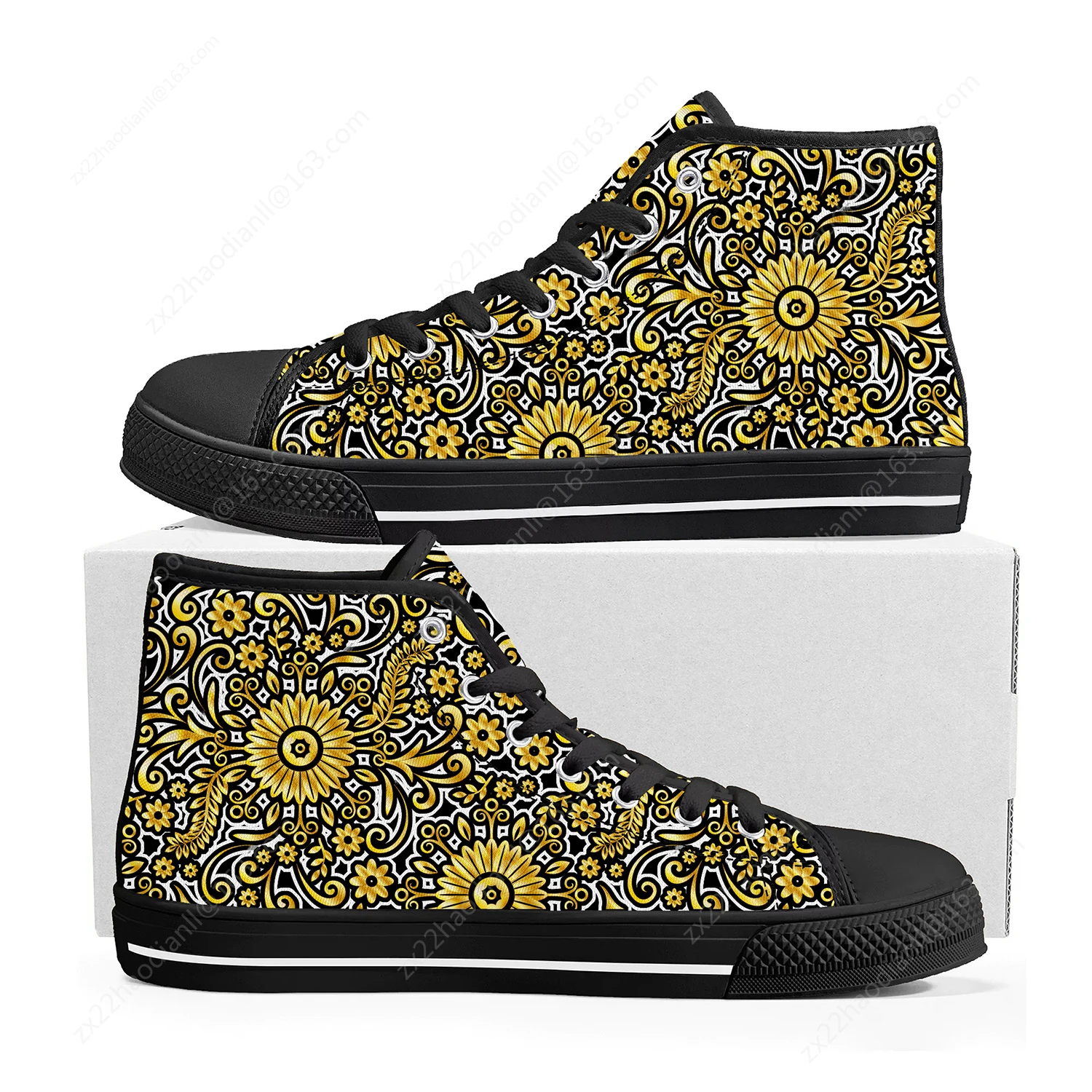 Hot Luxury Golden Floral Prints High Top Sneakers Mens Womens Teenager Canvas Sneaker Baroque European Casual Shoes Custom Shoe