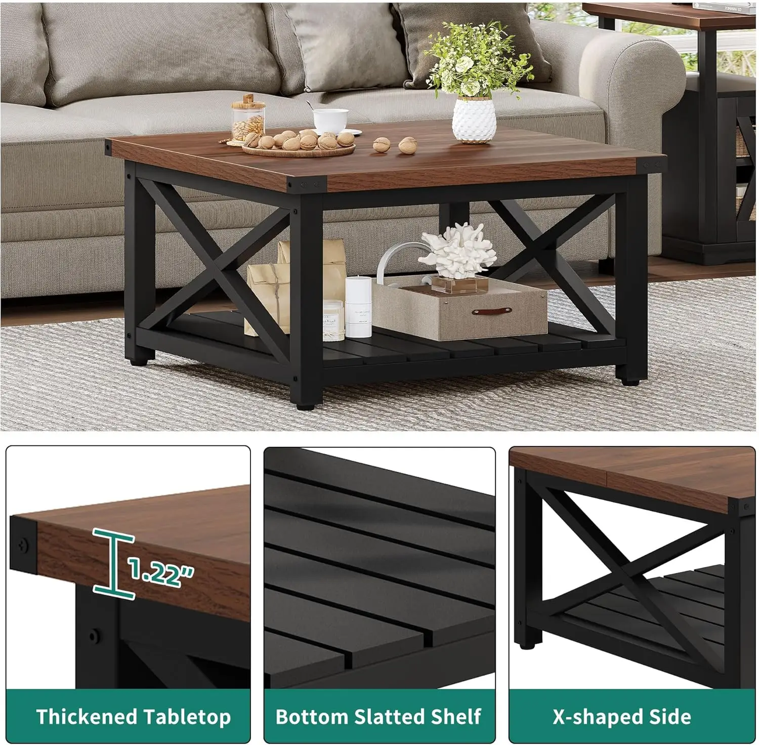 Square Coffee Table for Living Room, Vintage Living Room Table with Shelf, Coffee Table with Storage 5