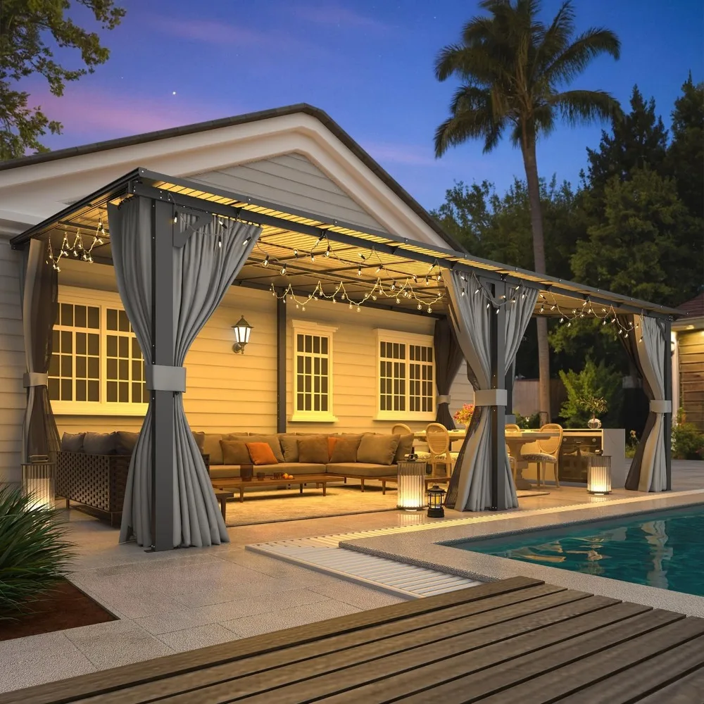 20' X 12' Gazebo for Patio, Large Wall-Mounted Lean to Pergola Gazebo with Curtains and Netting, 12x20 Hard Top Gazebos 2
