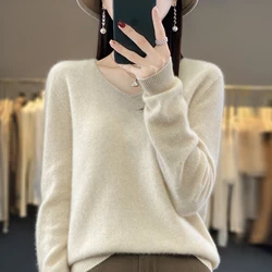 Women's 100% Pure Wool Cashmere V-Neck Sweater - Cozy Knit Top - XXL (Beige)